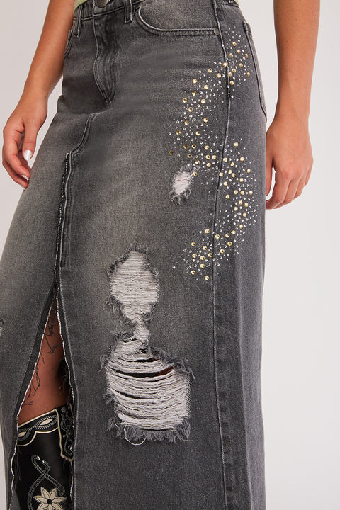 Cascade - Rhinestone Embellished High Rise Front Slit Non Stretch Maxi Skirt