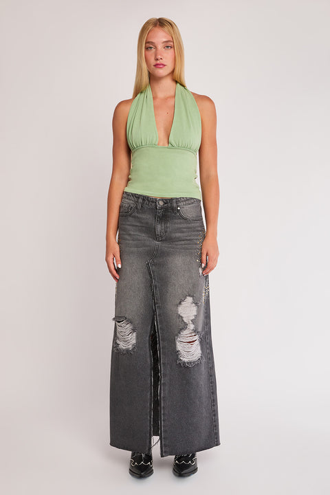 Cascade - Rhinestone Embellished High Rise Front Slit Non Stretch Maxi Skirt