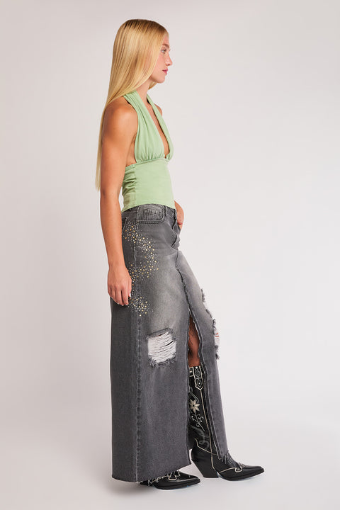 Cascade - Rhinestone Embellished High Rise Front Slit Non Stretch Maxi Skirt