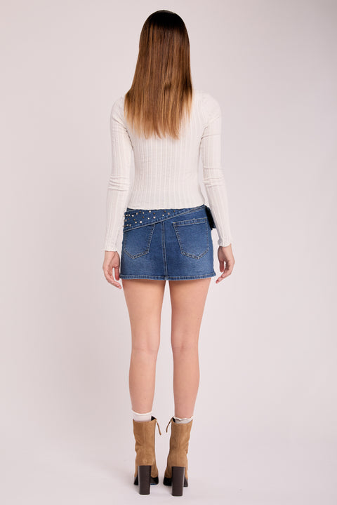 Astral - Studded Self Belt Stretch Denim Mini Skirt