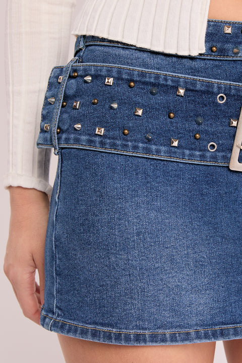 Astral - Studded Self Belt Stretch Denim Mini Skirt