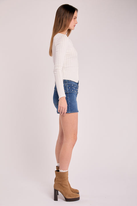 Astral - Studded Self Belt Stretch Denim Mini Skirt