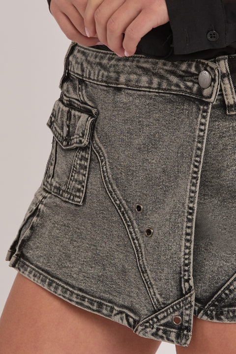 Cara - Mineral Wash Stretch Denim Moto Skort
