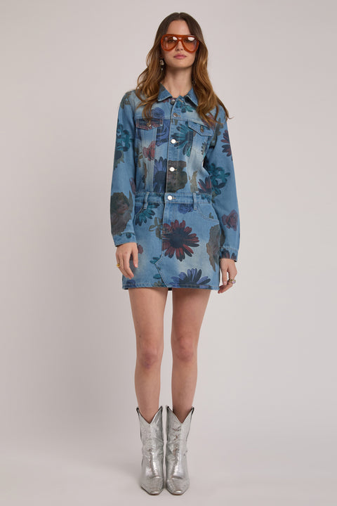 Cleo - Field Of Daisies Denim Mini Dress
