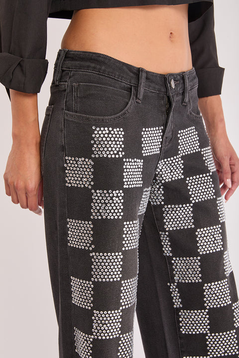 Tessa - Checkered Rhinestone Low Rise Stretch Wide Leg Jean