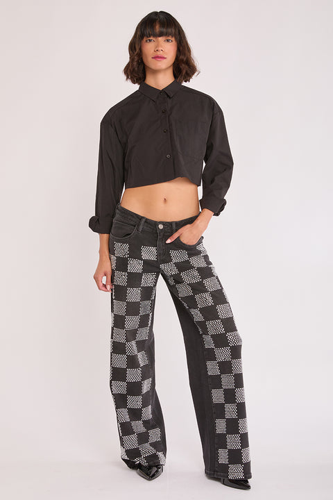 Tessa - Checkered Rhinestone Low Rise Stretch Wide Leg Jean