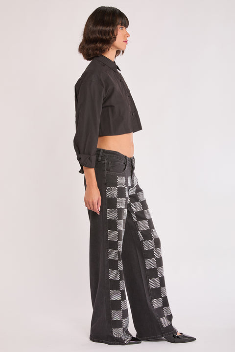 Tessa - Checkered Rhinestone Low Rise Stretch Wide Leg Jean