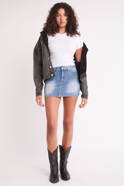 Amelia - Studded Non Stretch Denim Mini Skirt