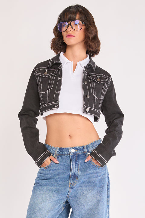 Lyra - Stretch Twill Heavy Stitch Crop Trucker Jacket