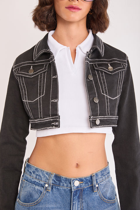 Lyra - Stretch Twill Heavy Stitch Crop Trucker Jacket