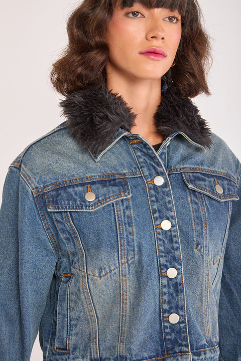 Ava - Removable Faux Fur Collar Non Stretch Trucker Jacket