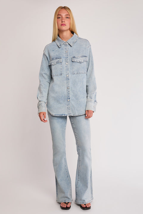 Sage - Rhinestone Embellished Stretch Denim Shacket