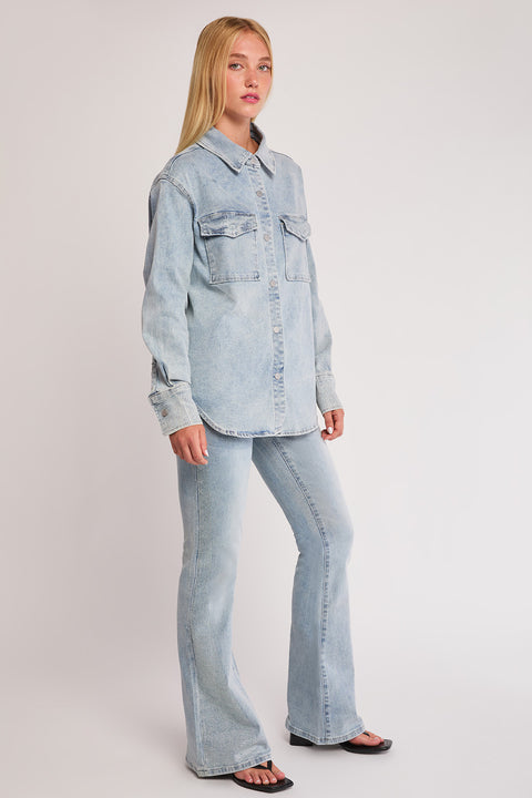 Sage - Rhinestone Embellished Stretch Denim Shacket