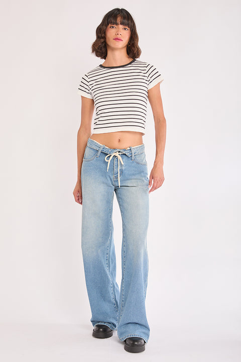 Kylie - High Rise Fold Over Non Stretch Wide Leg Jean