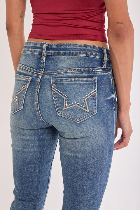 Eva - Low Rise Star Pocket Stretch Denim Boot Cut