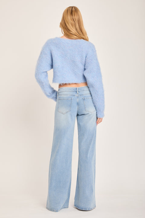 Pure - Low Rise Non Stretch Wide Leg Jean With Pearls