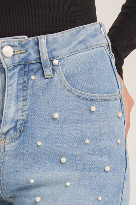 Seine - Embellished Pearl Mid Rise Stretch Denim Wide Leg