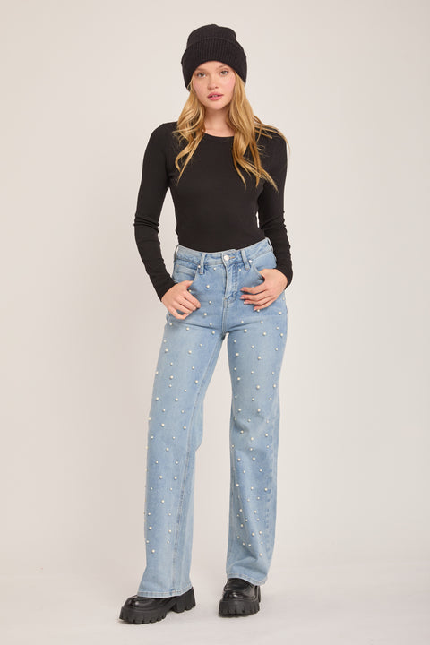 Seine - Embellished Pearl Mid Rise Stretch Denim Wide Leg