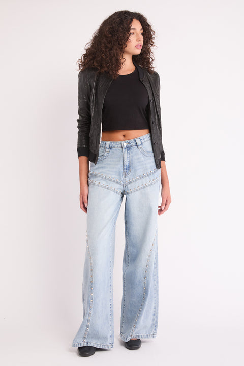 Cora - Relaxed Studded Moto Non Stretch Wide Leg Jean