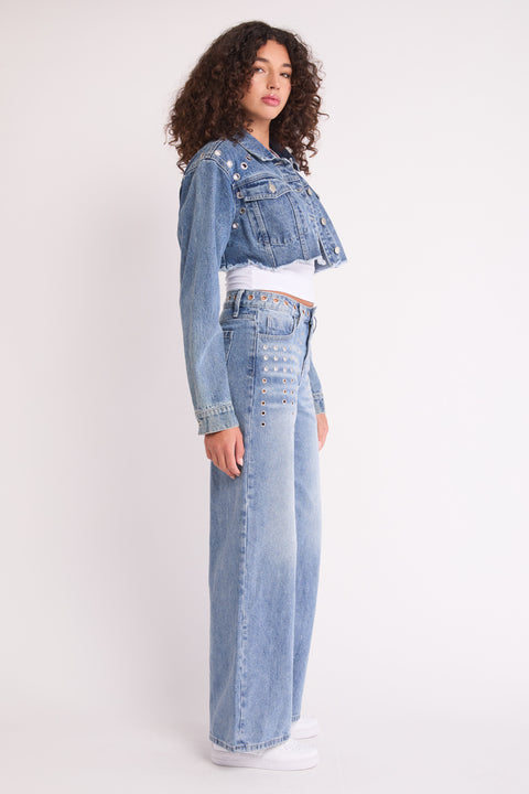 Zia - High Rise Open Grommet Non Stretch Wide Leg Jean