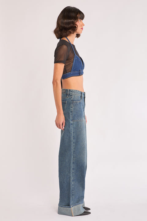 Nia - High Rise Pork Chop Pocket 4" Cuff Non Stretch Straight Leg Jean