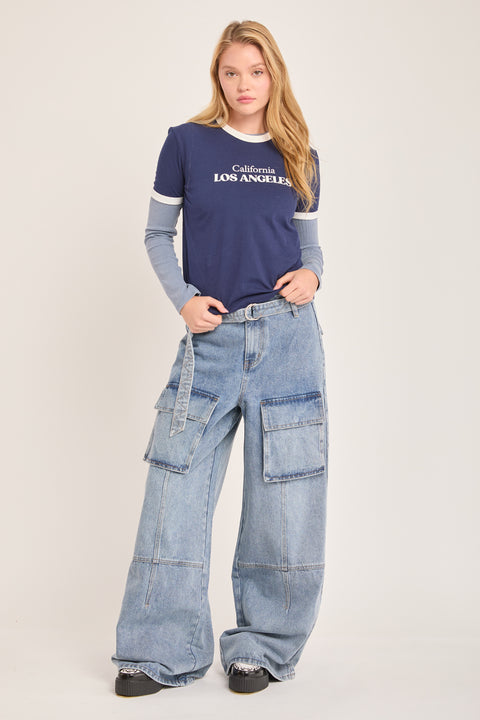 Thrive - High Rise Non Stretch Baggy Belted Cargo Jean
